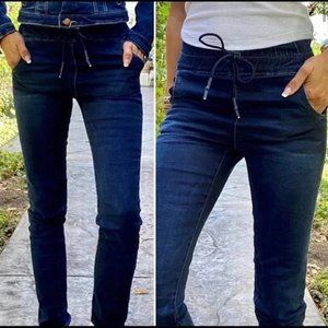 BEVY Blue Elastic Waist Dark Blue Skinny Jogger Jeans Sz 27*